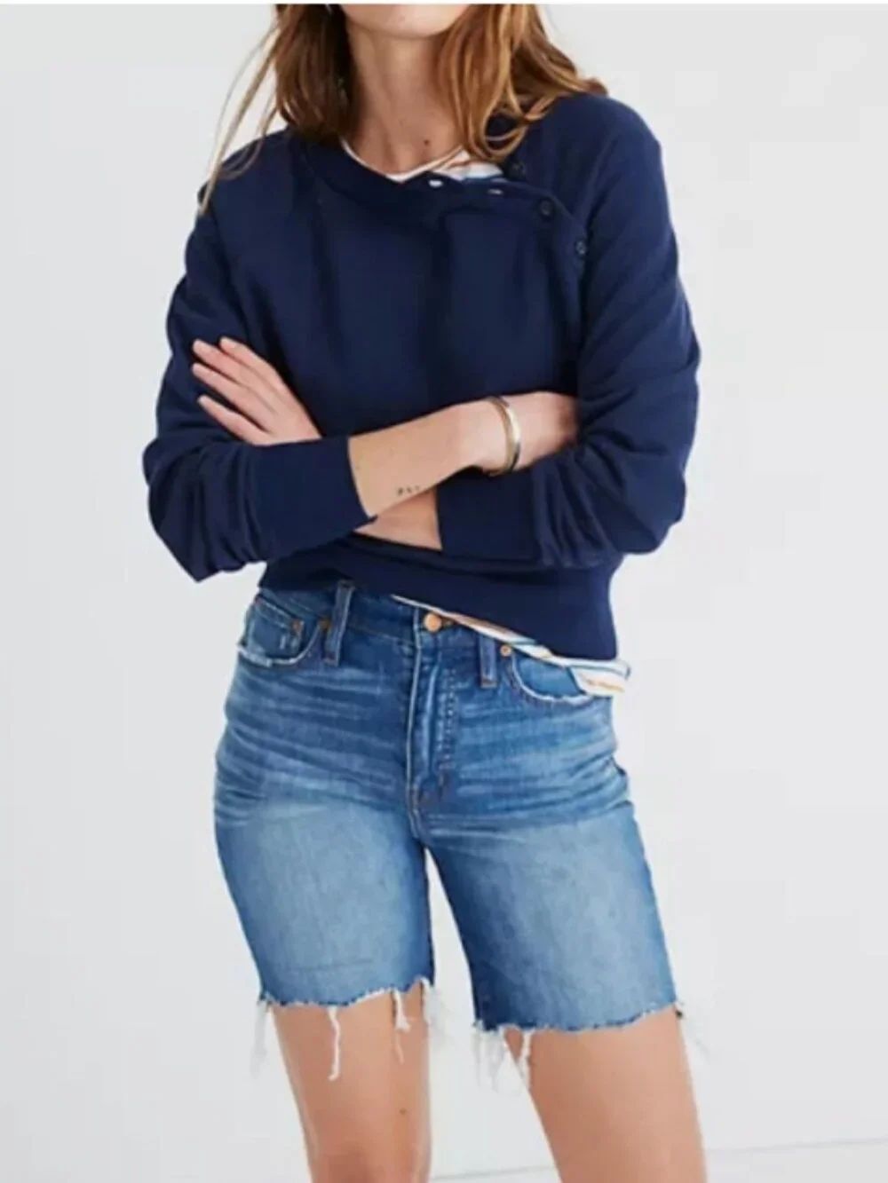 NWOT MADEWELL High Rise Denim Shorts Midi Length Cut Offs Modest Raw Hem 26